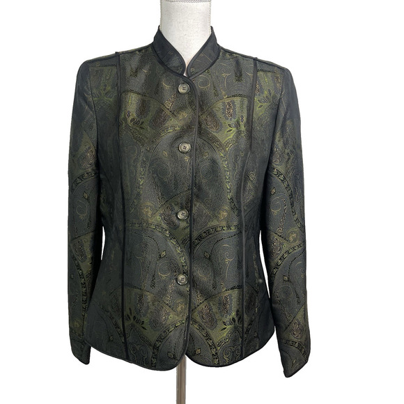 Jones New York Blazer Jacket size 8 Olive Green Paisley Silk Wedding Church - Picture 1 of 10